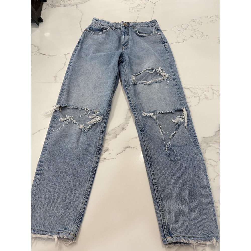 Zara Jeans Womens 4 Blue High Rise Mom Distressed Ripped Light Wash Denim